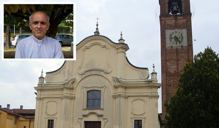 Nel riquadro don Alfredo Valsecchi. Nella foto la chiesa di Pieve San Giacomo