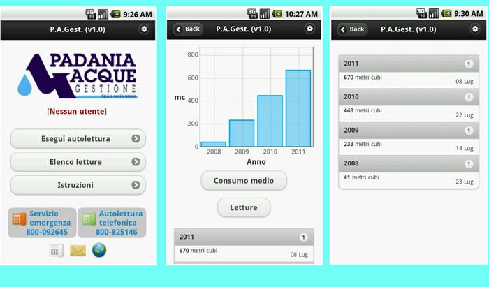Alcune schermate dell'app di Padania Acque