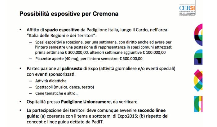 Possibilità espositive per Cremona all'Expo 2015