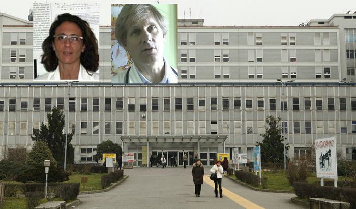L'ingresso dell'ospedale di Cremona e in piccolo Maria Sessa e Angelo Pan
