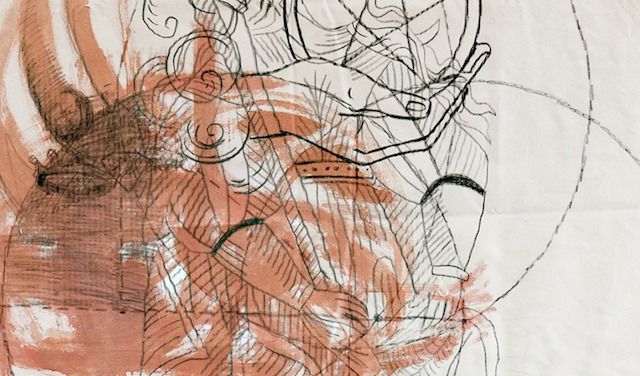 Regina della vita, Acrilico, penna litografica su tela grezza di cotone, 105x100 cm, 2013

