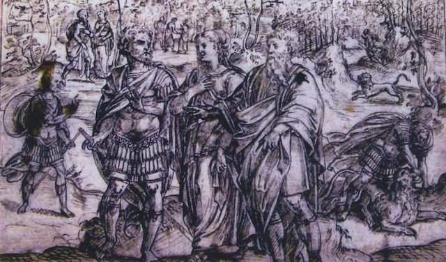 Disegno di Michael Coxcie che raffigura in primo piano ?Sansone  che incontra  la donna  di Timna? 