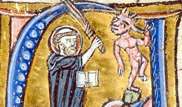 Miniatura con Sant'Agostino che scaccia i demoni delle eresie