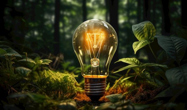 Concept eco Earth day. Glowing light bulb in forest against nature. Environmental protection, renewable, sustainable energy sources.