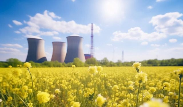 Nuclear-power-plant-out-focus-background-beautiful-green-blooming-summer-meadow

