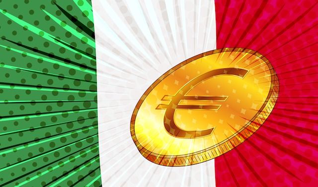 Italy flag and Golden coin with sign currency Euro EUR. CBDC concept. Vector illustration.
